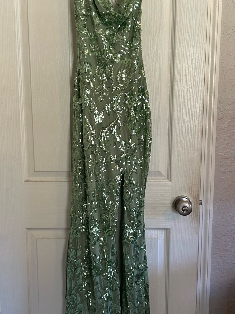 Windsor Sage Green Sequin Cowl Neck Prom Gown